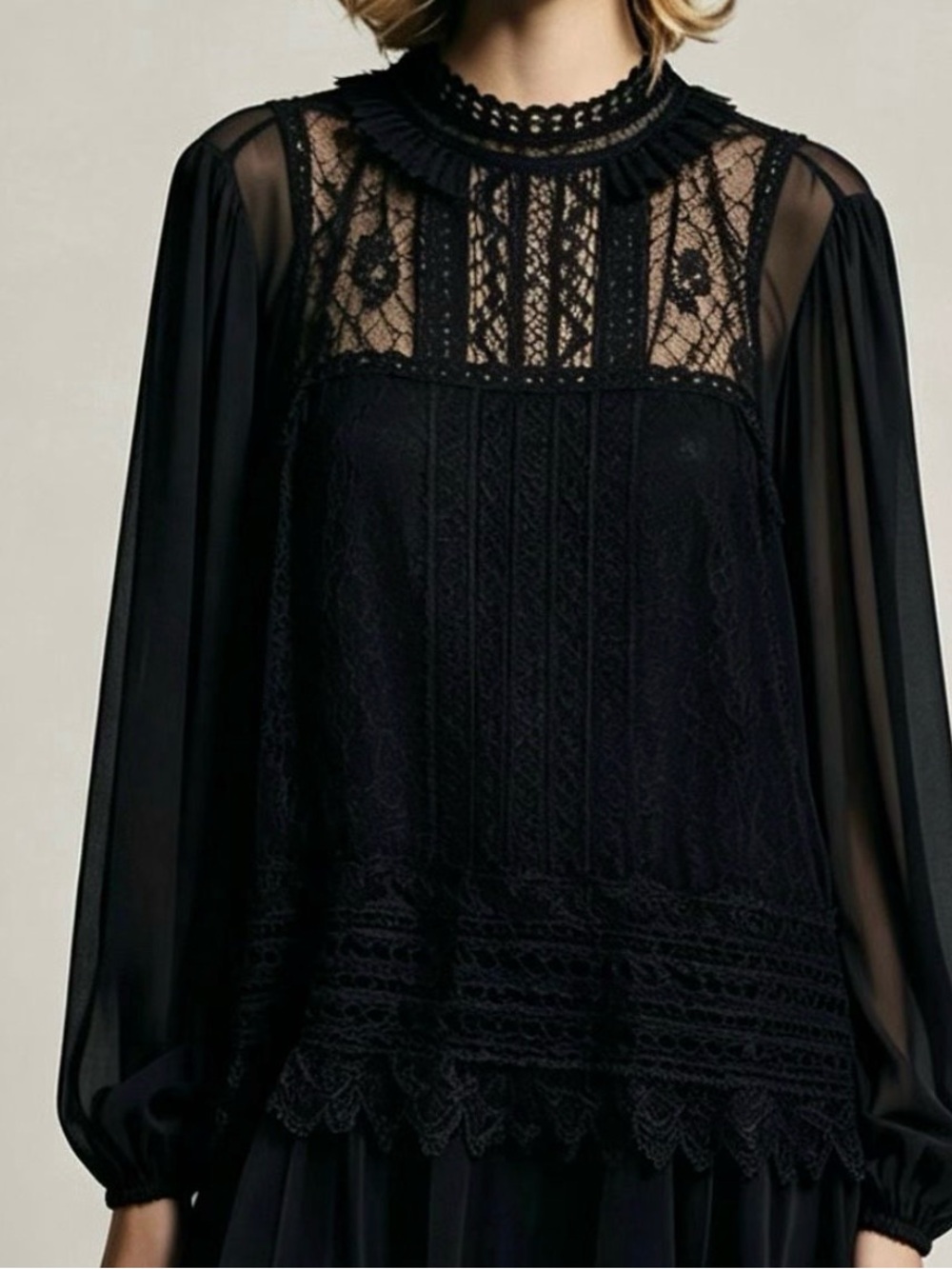 NWOT 100% Silk Black Lace Blouse Sheer Long Sleeve Romantic Victorian Top